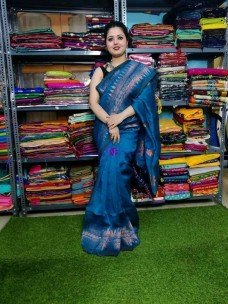 Blue linen by linen copper zari jamdani sarees
