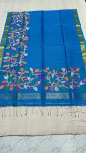 Blue handloom muslin sequence jamdani sarees