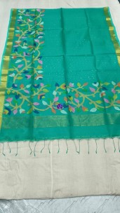 Turquoise handloom muslin sequence jamdani sarees