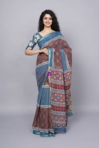 Blue sanganeri hand printed pure cotton sarees with zari border