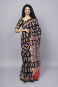 Black sanganeri hand printed pure cotton sarees with zari border