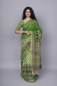 Green sanganeri hand printed pure cotton sarees