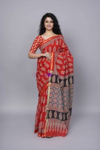 Red sanganeri hand printed pure cotton sarees with zari border