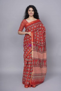 Red sanganeri hand printed pure cotton sarees