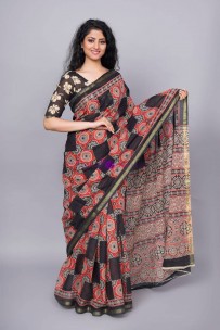 Black and red sanganeri hand printed pure cotton sarees