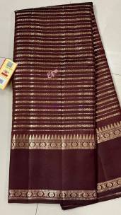 Dark chocolate brown banarasi semi pure silk Georgette sarees with stripe design