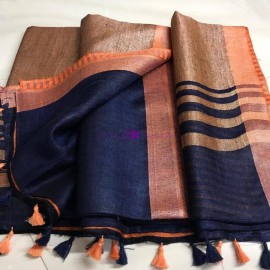 Black and peach 120 counts linen sarees