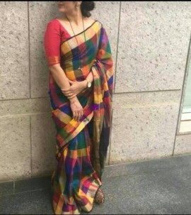 Multicolour checks linen sarees