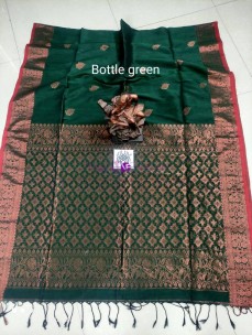 Bottle green handloom linen jamdani sarees