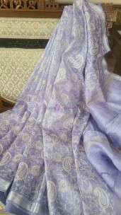 Silk Linen sarees - Lavender embroidered with banarasi border