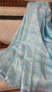 Silk Linen sarees - pastel blue embroidered with banarasi border