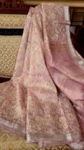 Silk Linen sarees - peach embroidered with banarasi border