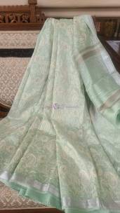 Silk Linen sarees - pastel green embroidered with banarasi border