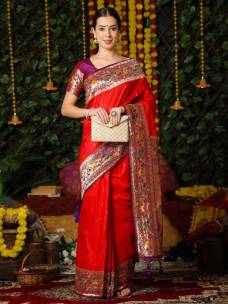 Red semi Banarasi soft silk paithani sarees