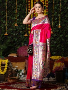 Dark pink semi Banarasi soft silk paithani sarees