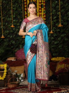 Light blue semi Banarasi soft silk paithani sarees