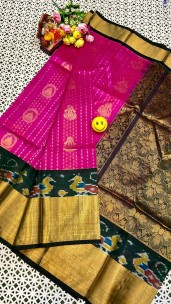 Dark pink Kuppadam pattu sarees with pochampally border