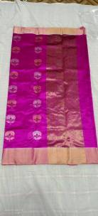 Dark pink Chanderi pattu silk sarees will all over meena work