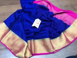 Navy blue and pink pure Mysore silk wrinkle crepe sarees