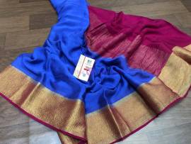Blue and pink pure Mysore silk wrinkle crepe sarees