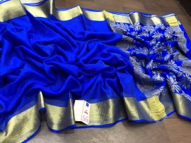 Royal blue pure Mysore silk wrinkle crepe sarees