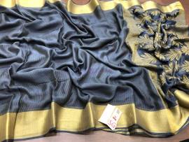 Dark grey pure Mysore silk wrinkle crepe sarees