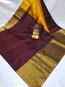 Chocolate brown and yellow Uppada plain sarees