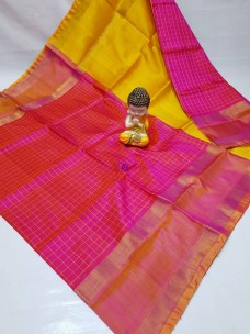 Dark pink and yellow uppada Mahanathi checks sarees