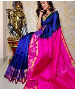 Dark blue and pink uppada pattu pochampally border sarees