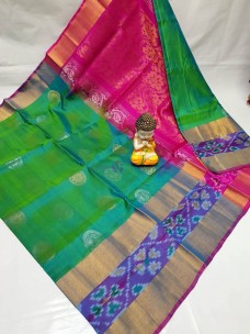 Green and pink uppada sarees with pochampally border