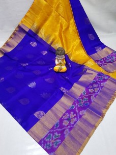 Dark blue and yellow uppada sarees with pochampally border