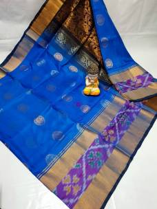Blue Uppada pattu sarees with pochampally border