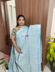 Pastel blue pure silk linen embroidered sarees
