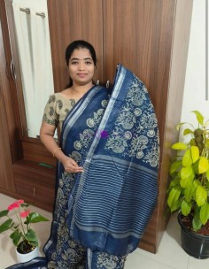 Navy blue pure silk linen embroidered sarees