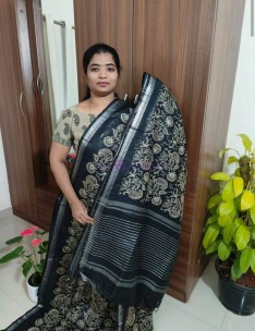 Black pure silk linen embroidered sarees