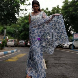 White with blue pure organza silk sarees