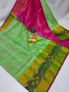 Light green and pink uppada pattu pochampally border sarees