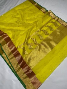 Lemon yellow katan silk sarees