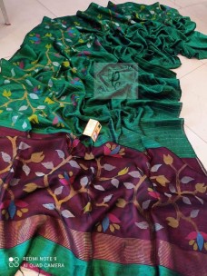 Dark green pure motka jamdani with sequence work sarees