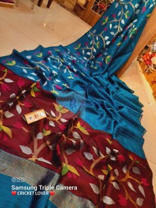 Teal blue pure motka jamdani with sequence work sarees