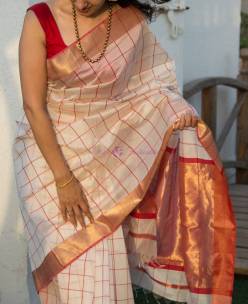 Cream Handloom Maheshwari silk checks sarees