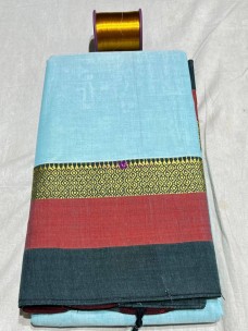 Light blue narayanpet cotton sarees with multicolor border