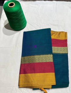 Blue narayanpet cotton sarees with multicolor border