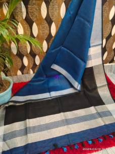 Blue with black pure linen by linen sarees