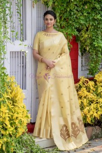 Light yellow tissue linen sarees with zari border