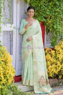Light green tissue linen sarees with zari border