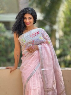 Baby pink silk linen embroidery sarees