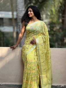 Lemon yellow silk linen embroidery sarees