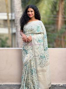 Cream silk linen embroidery sarees