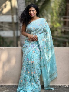 Sky blue silk linen embroidery sarees